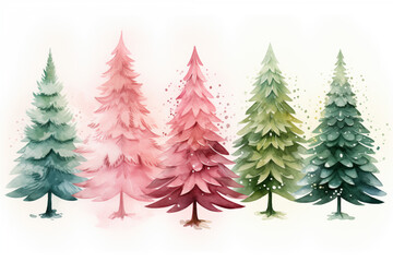 Watercolor green and pink Christmas trees. Hand drawn illustration. Christmas and New Year background.