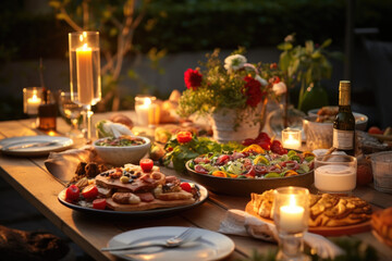 Fototapeta na wymiar gedeckter Gartentisch mit Blumen, Kerzen und Lampions, set garden table with flowers, candles and lanterns