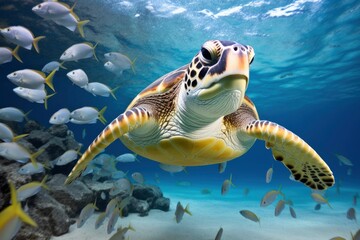 Turtle closeup with school of fish. - obrazy, fototapety, plakaty