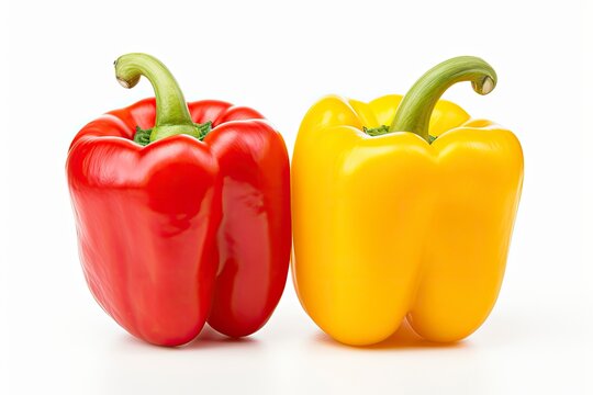 Two bell peppers, a red and a yellow isolated on white background.