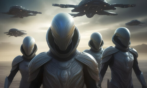 Atmospheric alien battle force with spaceships flying over.  Generative AI