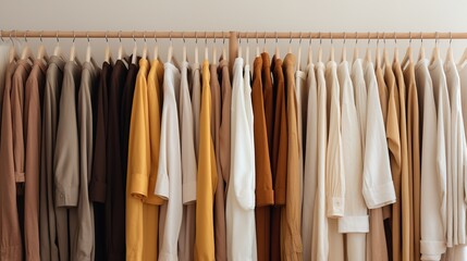 Generative AI, Cloth store aesthetic background, photo of clothes hanging on hangers, muted neutral colors 