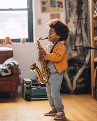 Kleiner Junge spielt Saxophon, Little boy playing saxophone - obrazy, fototapety, plakaty