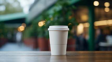 A shot of a refillable coffee mug inside a freeway rest stop or eatery.