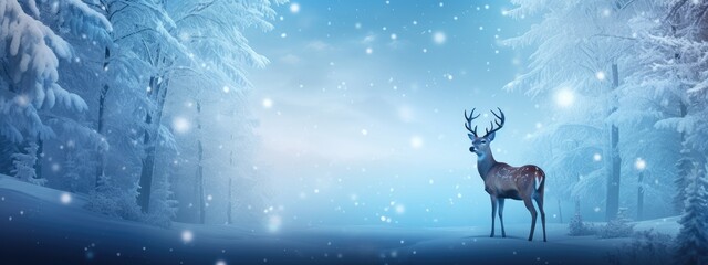 Christmas deer in the snowy forest. cute deer illustration, cool colors. wild nature.