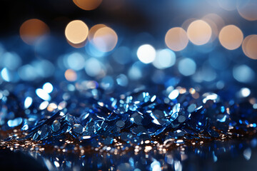 Sapphire glitter bokeh background. Unfocused shimmer royal blue sparkle. Crystal droplets wallpaper. AI generative - obrazy, fototapety, plakaty