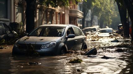 The city street was inundated with cars after a downpour.