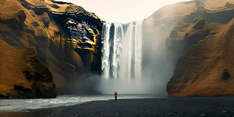 Afwasbaar behang Grijs Woman overlooking waterfall.