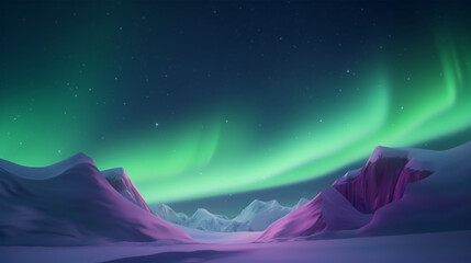 Spectacular wintry mountains under a brilliant aurora, creating an enchanting and majestic scene.