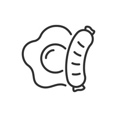 Fried egg and sausage, linear icon, breakfast. Line with editable stroke
