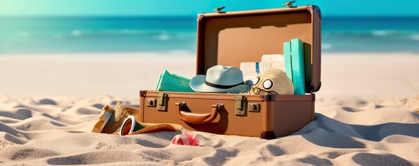 Fototapeta na wymiar Beach Preparation, Accessories In Suitcase On Sand.