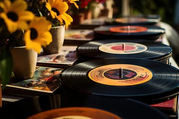 Crédence de cuisine en verre imprimé Magasin de musique Vinyl records  collection. Vinyl turntable records on music shop. Listening music from vinyl record player. Retro and vintage style