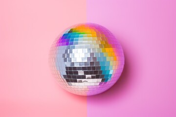 Fototapeta na wymiar Disco or mirror ball with rainbow on pastel light pink and purple background. Music and dance party background. Trendy party symbol. Abstract retro 80s and 90s concept
