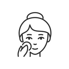 Woman using a sponge on face, linear icon. Line with editable stroke