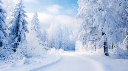 A snow-covered mountain forest yield a picturesque wintery vista. - obrazy, fototapety, plakaty