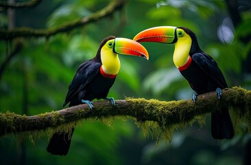 Toucan sitting on the branch in the forest.