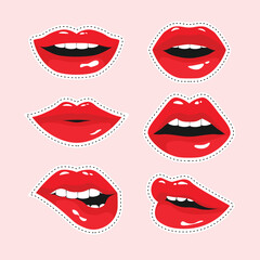 Obraz premium Stickers kit of red female lips. Womans mouth expressing different emotions. Kiss, smile, biting lip. Comics style vector illustration isolated.