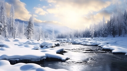 A frigid mountain stream meanders through a frosty vista.