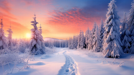 The sun's hues glint off the wintery trees, creating a festive, picturesque scene.