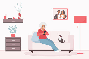 Old woman using mobile phone vector illustration. Cartoon retired grandmother sitting on sofa in home living room with smartphone to call children grandchildren, happy grandma pensioner with glasses