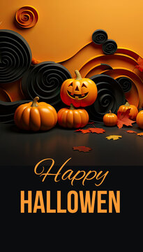 Happy Halloween banner template background design in black orange color with pumpkins 3d style