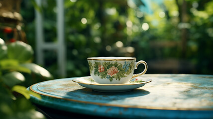 Cup of coffee put on the table in the green garden, closeup view and blurred background