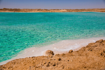 Salt lake with turquoise water and white salt on the shore near Siwa oasis, Egypt - obrazy, fototapety, plakaty