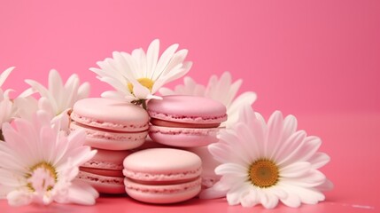Fototapeta na wymiar Daisies on a pink background with a macaron. Lay flat