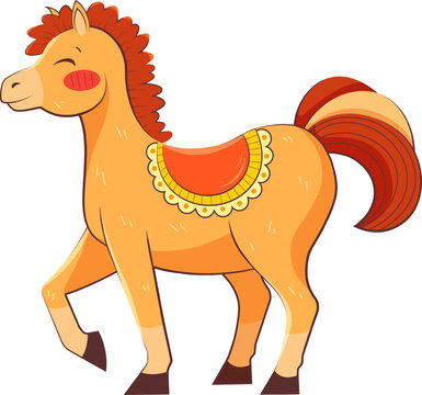 Cute brown horse with colorful saddle on transparent background. Vector illustration for babies and childrens goods, clothes, toys