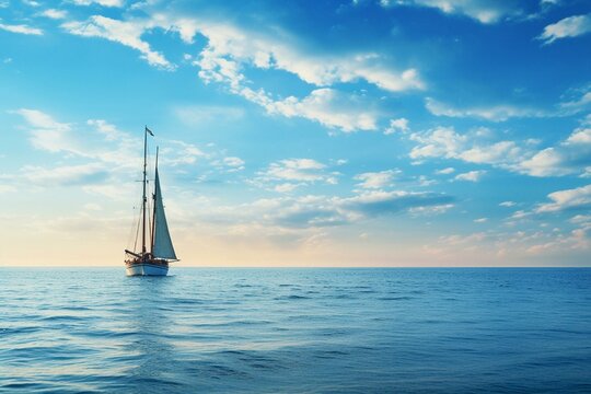Blue sea with a sailing vessel on the horizon. Generative AI