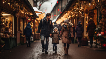 père et sa fille au marché de Noël avec boutiques décorées et luminaires - obrazy, fototapety, plakaty