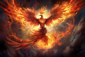 Ethereal phoenix rising, fiery rebirth in a cosmic nebula