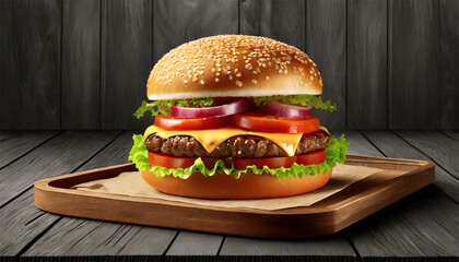 Delicious hamburger on wooden board. Space for text