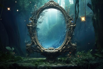 Enchanted mirror reflecting a magical realm, otherworldly vision.