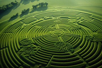 Aerial view of intricate crop circles, enigmatic patterns in fields.