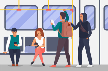 Wallet theft on public transport vector illustration. Cartoon passengers travel in subway train car or bus interior, people sitting on seats or standing, guy thief taking purse out of mans backpack