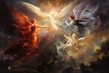 Angels and demons engaged in an ethereal battle. - obrazy, fototapety, plakaty