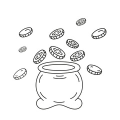 Pot of coin vector illustration in Doodle style. Isolated icon black line. Symbol of wealth outline.