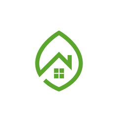 Green home logo - house with window and chimney and leaf symbol