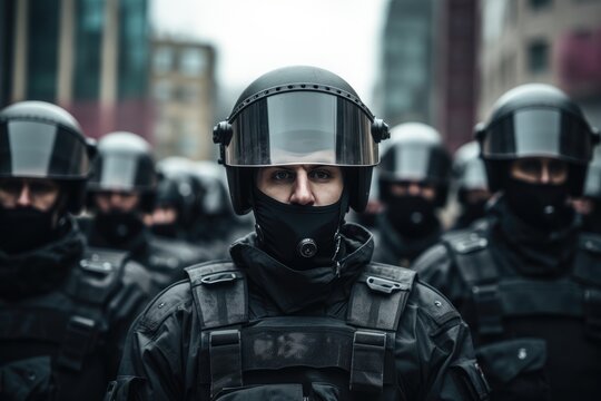 Special task force team in action. Special police forces ensure public order at protest rally. Group of soldiers with weapon on the street. Military operations or special operation concept 