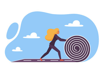 Businesswoman career growth and planning vector illustration. Cartoon woman walking forward, entrepreneur unrolling hard road roll to create own path, make future success, begin new business challenge