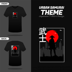 Urban Samurai with red moon t-shirt design. Samurai Vector Illustration. Silhouette japan samurai vector for design t-shirt concept.
