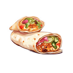 Delicious Burrito Watercolor Illustration on Transparent Background