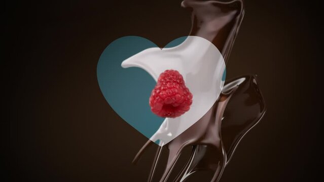 Chocolate raspberry and milk heart shaped split screen splashing and falling in slow motion