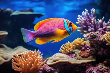 Naklejka na ściany i meble Brightly colored tropical fish swimming among coral reefs.
