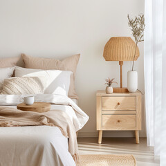 Bedside cabinet near the bed, neutral colors, intimacy, soft light - 664481304