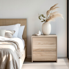 Bedside cabinet near the bed, neutral colors, intimacy, soft light - 664481305