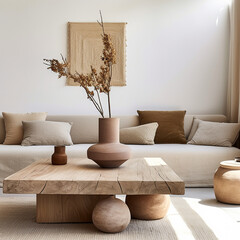 living room interior with sofa and coffee table, natural decor, neutral tones, soft light - 664481313