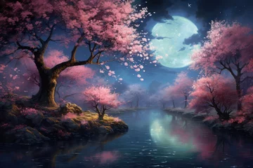 Fotobehang Blossoming cherry trees under a moonlit night, serene spring beauty. © Jelena