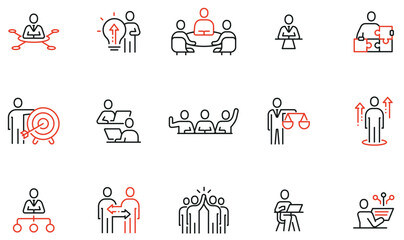 Vector set of linear icons related to human resource management, relationship, business leadership, teamwork, cooperation and personal development. Infographics design elements - part 3